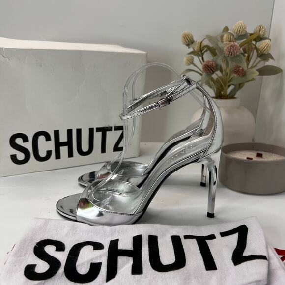Schutz Scarlett Metallic Ankle Strap Heel Sandal Silver Women 9B Holiday Prom - Picture 1 of 11